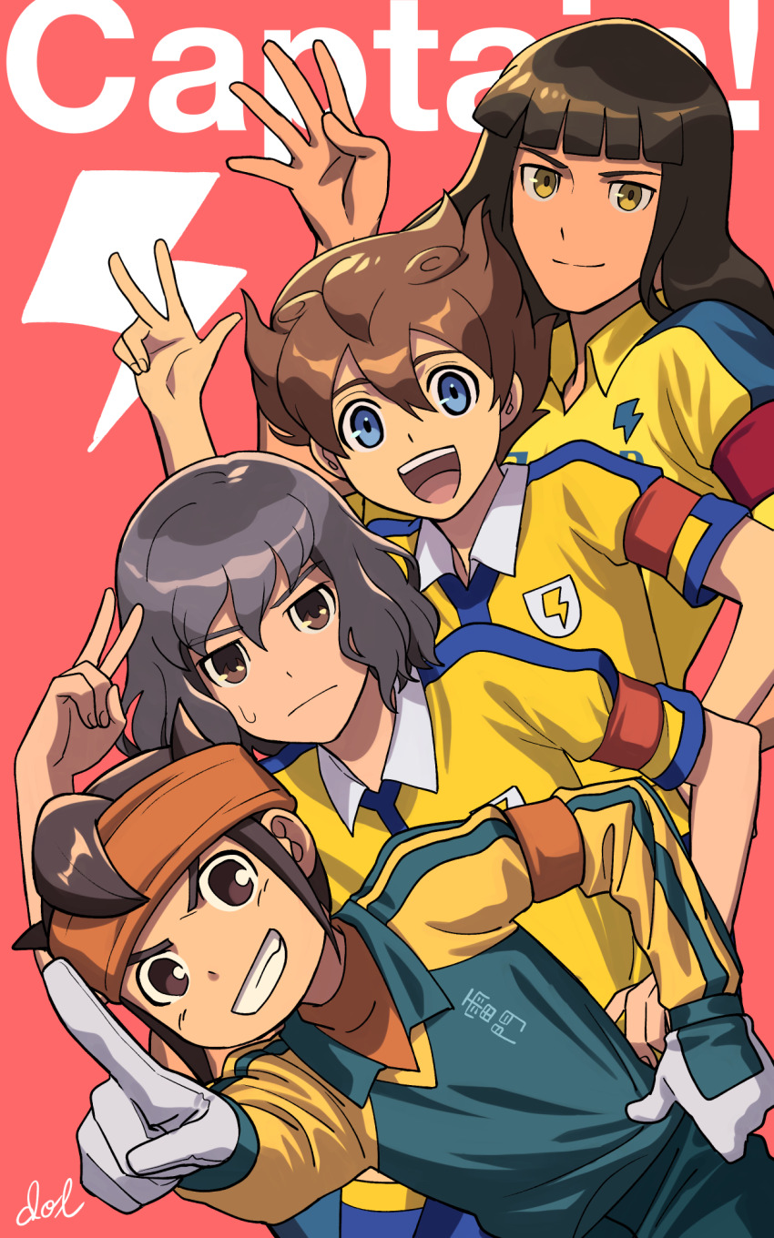 4boys armband behind_another blue_eyes brown_eyes brown_hair closed_mouth dolustoy endou_mamoru gloves goalkeeper headband highres inazuma_eleven inazuma_eleven_(series) inazuma_eleven_ares_no_tenbin inazuma_eleven_go inazuma_eleven_go_chrono_stone long_hair looking_at_viewer male_focus matsukaze_tenma michinari_tatsumi multiple_boys open_mouth orange_armband orange_headband pink_background pointing pointing_forward raimon raimon_soccer_uniform red_armband shindou_takuto shirt soccer_uniform sportswear sweatdrop two-tone_background upper_body v yellow_eyes yellow_shirt