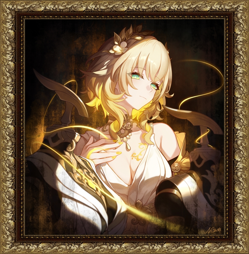 1girl absurdres aglaea_(honkai:_star_rail) artist_name bare_shoulders blonde_hair breasts chinese_commentary cleavage closed_mouth commentary_request dress green_eyes hand_on_own_chest highres honkai:_star_rail honkai_(series) large_breasts laurel_crown picture_frame short_hair solo thread upper_body via_shinan white_dress