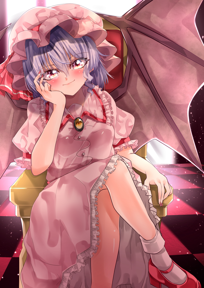 1girl absurdres backlighting bat_wings breasts brooch chair checkered_floor closed_mouth collared_shirt commentary_request crossed_legs foot_out_of_frame frilled_shirt_collar frilled_skirt frilled_sleeves frills hair_between_eyes hand_on_own_chin hat hat_ribbon head_tilt highres indoors jewelry oversized_wings looking_at_viewer mahoro_(minase_mahoro) mary_janes mob_cap nail_polish on_chair orange_brooch pink_hat pink_shirt pink_skirt puffy_short_sleeves puffy_sleeves purple_hair red_eyes red_nails red_ribbon red_shoes remilia_scarlet ribbon shirt shoes short_sleeves sitting skirt small_breasts smile socks solo thrown touhou white_socks window wings