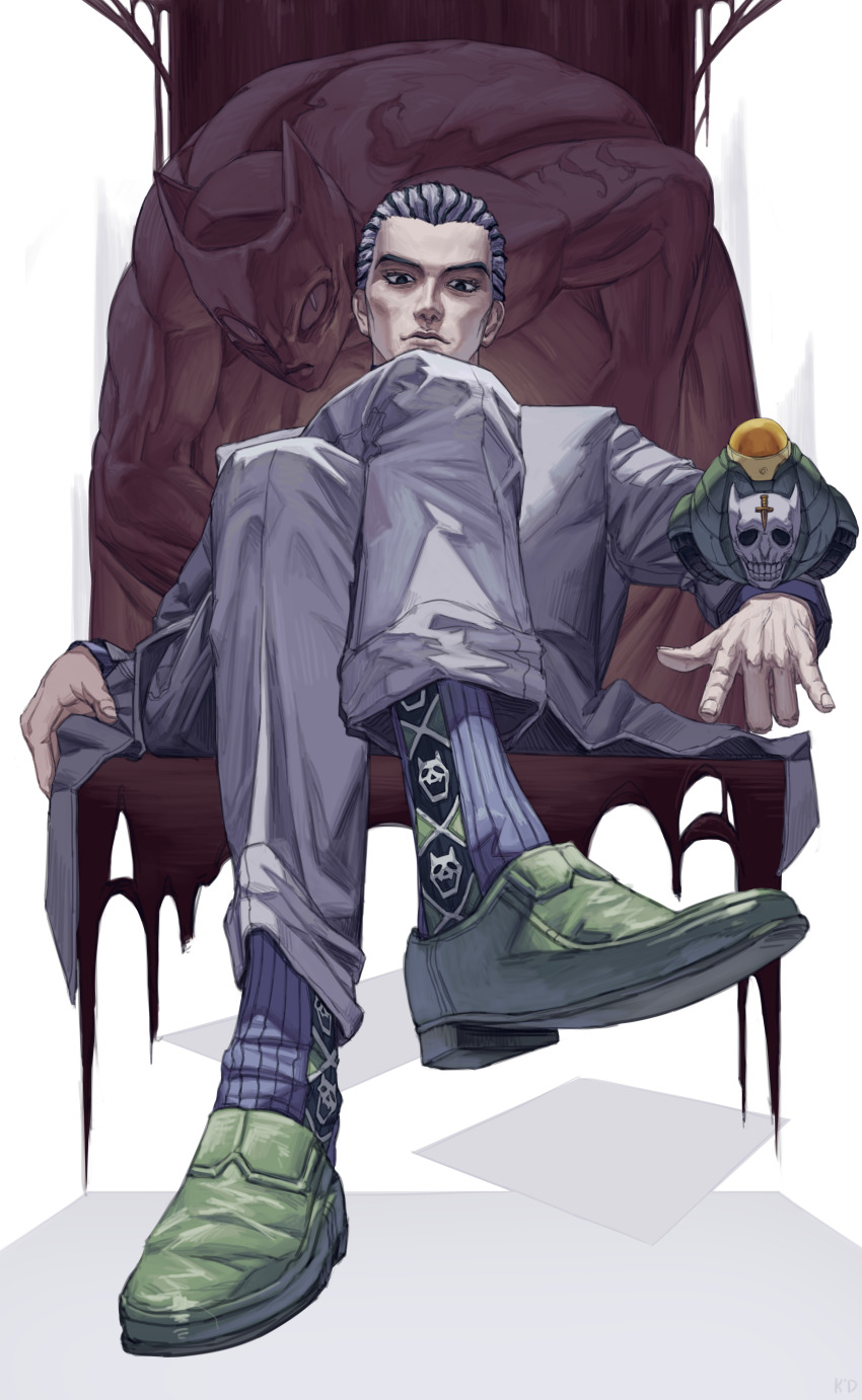 absurdres black_eyes cheekbones commentary crossed_legs diamond_wa_kudakenai english_commentary formal_clothes highres jojo_no_kimyou_na_bouken killer_queen kira_yoshikage kursage multicolored_hair sheer_heart_attack short_hair sitting stand_(jojo) suit two-tone_hair