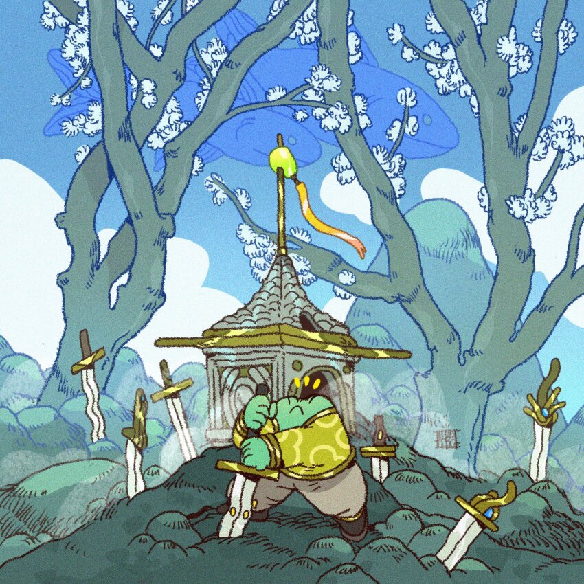 albabg building cloud day fantasy fish flying_fish frog frog_boy frown grog_the_frog highres hill nature original outdoors pants plant planted planted_sword planted_weapon scenery shirt sky steam sword tree weapon