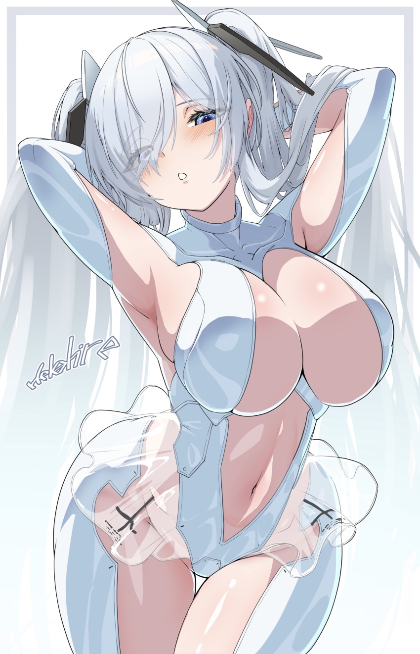 1girl :o absurdres armpits arms_up artist_name blue_eyes bodysuit breasts center_opening cinderella_(nikke) clothing_cutout commentary_request goddess_of_victory:_nikke hekahire_isurus highres large_breasts long_hair navel presenting_armpit solo stomach stomach_cutout thighs twintails white_background white_bodysuit white_hair