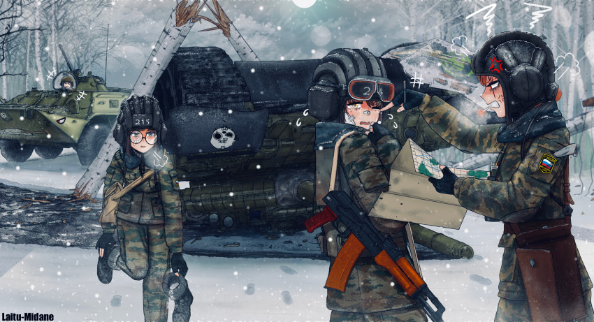 4girls accident aks-74u anger_vein angry armored_personnel_carrier armored_vehicle assault_rifle bandage_on_nose black_footwear broken_eyewear caterpillar_tracks cigarette coat crash fingerless_gloves flipped footprints gloves gun helmet highres holding holding_map kalashnikov_rifle laitumidane laughing map military_vehicle motor_vehicle multiple_girls original patch pen rifle round_eyewear russian_ground_forces shoulder_patch shouting snow t-80 tank tank_helmet tree weapon winter winter_clothes winter_coat