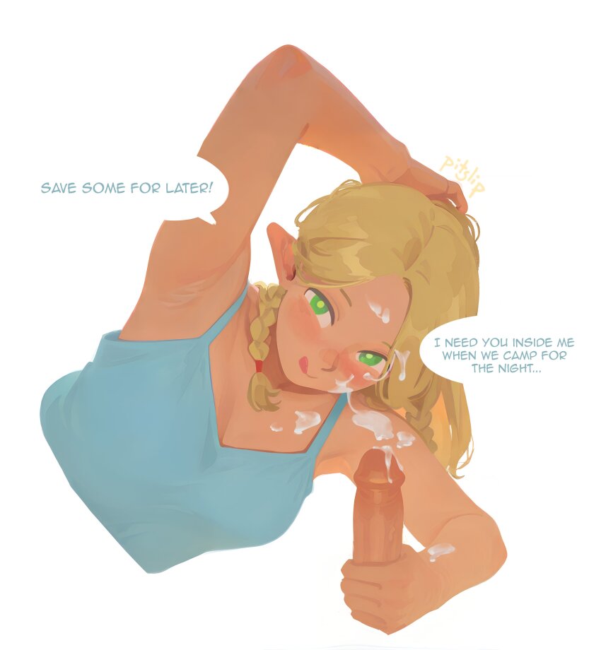 1boy 1girl absurdres after_handjob ai-assisted arm_up armpit_crease armpits artist_name blonde_hair blue_camisole braid camisole closed_mouth cum cum_on_body cum_on_hair dungeon_meshi elf english_text erection facial green_eyes hand_on_own_head handjob hetero highres licking_lips looking_at_viewer marcille_donato multiple_braids penis penis_grab pitslip pointy_ears pov pov_crotch presenting_armpit smile speech_bubble talking tongue tongue_out uncensored