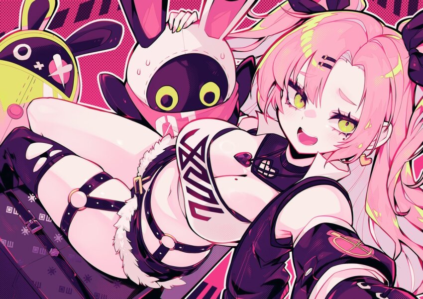 1girl :d amillion_(zenless_zone_zero) bangboo_(zenless_zone_zero) breasts cleavage crop_top denim denim_shorts earrings eous_(zenless_zone_zero) fur-trimmed_shorts fur_trim green_eyes hair_ornament hairclip heart heart_earrings jewelry large_breasts long_hair looking_at_viewer midriff mole mole_under_eye navel nicole_demara o-ring o-ring_thigh_strap open_mouth outstretched_arm parororo pink_background pink_hair selfie short_shorts shorts single_thighhigh smile stomach thigh_strap thighhighs two_side_up very_long_hair zenless_zone_zero