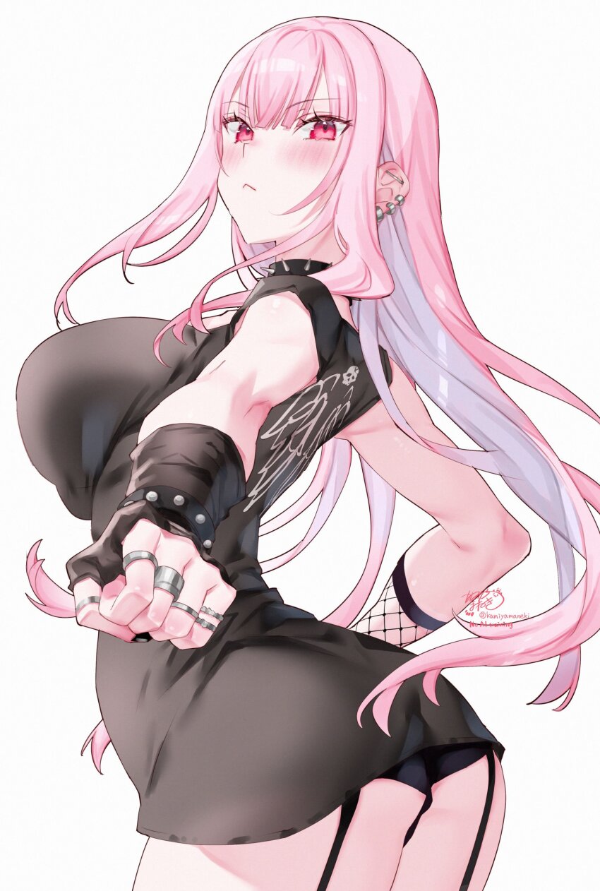 1girl absurdres alternate_costume black_gloves black_nails black_shirt breasts choker closed_mouth ear_piercing earrings fingerless_gloves fishnet_gloves fishnets gloves goth_fashion highres hololive hololive_english jewelry kamiya_maneki lace_sleeves large_breasts long_hair looking_at_viewer mori_calliope multiple_earrings piercing pink_eyes pink_hair punk red_eyes shirt simple_background solo spiked_choker spikes studded_gloves t-shirt virtual_youtuber