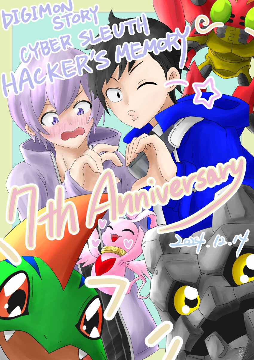 amasawa_keisuke betamon black_eyes black_hair digimon digimon_(creature) digimon_story:_cyber_sleuth digimon_story:_cyber_sleuth_hacker&#039;s_memory gottsumon marinangemon nogi_yu pink_eyes pink_hair short_hair tentomon