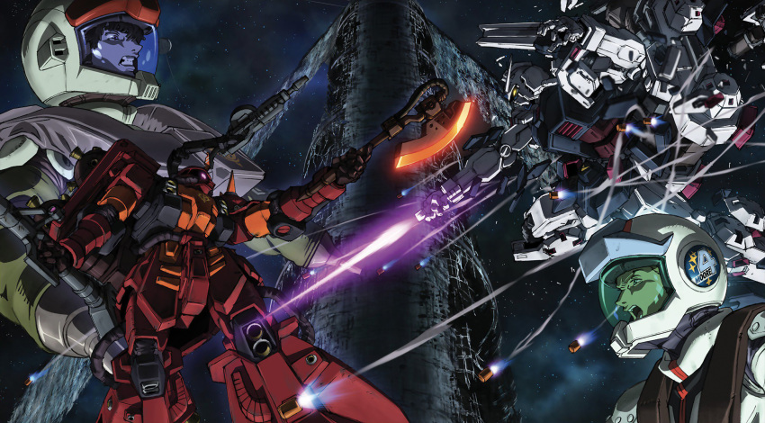 2boys energy_sword black_hair blonde_hair daryl_lorenz full_armor_gundam glowing glowing_eyes green_eyes gundam gundam_thunderbolt heat_hawk helmet highres io_fleming mecha missile multiple_boys official_art pilot_suit robot space weapon yellow_eyes zaku_ii_(reuse_p_device)