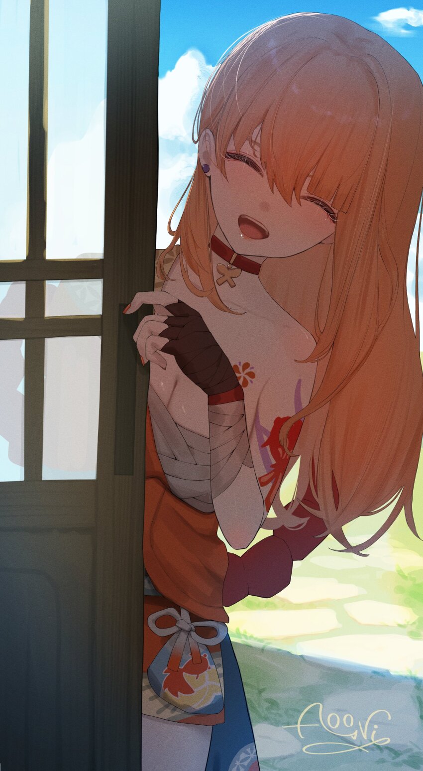 1girl absurdres alternate_hairstyle aooni_09 arm_tattoo bandaged_arm bandages bare_shoulders blue_sky breasts chest_sarashi choker cleavage cloud cloudy_sky facing_viewer genshin_impact hand_wraps highres japanese_clothes long_hair open_mouth orange_hair red_choker sarashi sky smile solo tattoo teeth upper_teeth_only yoimiya_(genshin_impact)
