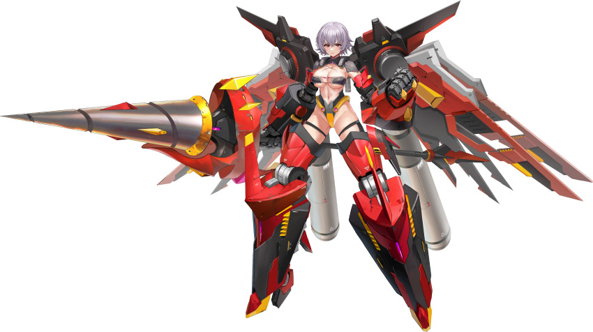 &gt;:( 1girl abs absurdres armor bra breasts cleavage closed_mouth cross_scar full_body gluteal_fold grey_hair groin_tendon highres holding holding_polearm holding_weapon huge_weapon large_breasts last_origin linea_alba lips looking_at_viewer mecha_musume mechanical_arms mechanical_legs mechanical_wings muscular muscular_female naked_armor navel official_alternate_costume official_art polearm power_armor red_eyes retsuna sarena_(last_origin) scar scar_on_chest scratches see-through_bra see-through_clothes short_hair simple_background skindentation solo standing strapless strapless_bra tachi-e taesi third-party_source transparent_background underboob underwear v-shaped_eyebrows weapon wings