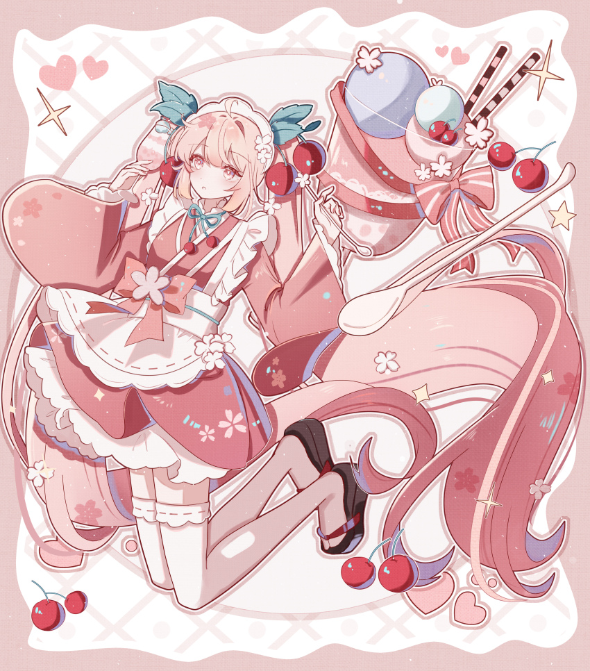 1girl absurdres ahoge apron bg5120 black_sandals blush cherry cherry_blossoms cherry_hair_ornament commentary_request dessert floral_print floral_print_kimono food food-themed_hair_ornament frilled_apron frilled_hairband frills fruit hair_between_eyes hair_ornament hairband hatsune_miku highres holding holding_spoon ice_cream japanese_clothes kimono long_sleeves maid maid_apron pink_eyes pink_hair pink_kimono pink_ribbon print_kimono ribbon sakura_miku sandals solo spoon thighhighs twintails vocaloid wa_maid white_apron white_thighhighs wide_sleeves