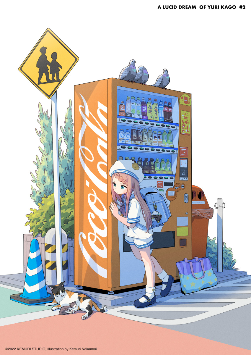 1girl absurdres aqua_eyes artist_name backpack bag bag_charm bird blue_bag blue_shoes blue_trim bollard bottle braid braided_bangs brown_hair bush calico cat charm_(object) closed_mouth coca-cola commentary copyright_notice drink eyelashes handbag highres kitten long_hair mary_janes nakamori_kemuri original outdoors pedestrian_crossing_sign pigeon randoseru road_sign sailor_collar school_uniform shirt shoes short_shorts short_sleeves shorts sidelocks sign simple_background socks solo traffic_cone trash_can vending_machine warning_sign watermark white_background white_headwear white_shirt white_shorts white_socks