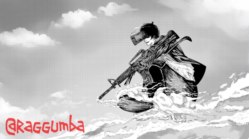 1boy assault_rifle black_hair chainsaw_man collared_shirt dithered_background facing_to_the_side formal_clothes greyscale gun gun_devil_(chainsaw_man) halftone handgun hayakawa_aki jacket monochrome parted_lips raggumba rifle shirt short_hair smile smoke solo spot_color suit suit_jacket twitter_username weapon