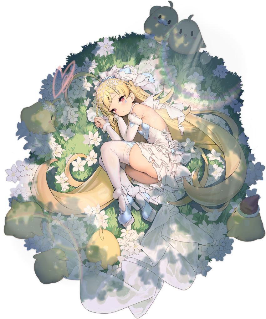 1girl ahoge ass azur_lane bare_shoulders bird blonde_hair blue_shoes blush bow breasts bridal_veil chick closed_mouth detached_sleeves dress eldridge_(afternoon_worship_in_the_woods)_(azur_lane) eldridge_(azur_lane) english_text flower from_above full_body grass hair_ornament halo heart heart_halo high_heels highres huge_ahoge kinjo_kuromomo long_hair long_sleeves lying manjuu_(azur_lane) non-web_source official_alternate_costume official_art on_side purple_eyes red_eyes shoes sleeveless sleeveless_dress small_breasts solo thighhighs thighs tiara transparent_background twintails veil very_long_hair wedding_dress white_dress white_flower white_sleeves white_thighhighs