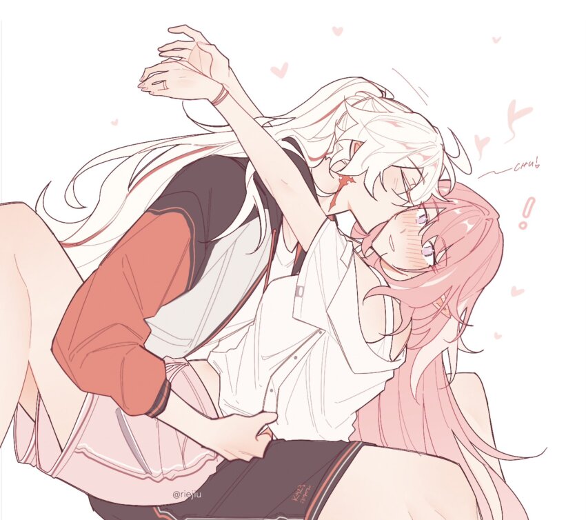 ! 2girls blush breasts carrying carrying_person commentary elf elysia_(herrscher_of_human:_ego)_(honkai_impact) elysia_(honkai_impact) heart highres honkai_(series) honkai_impact_3rd jacket kiana_kaslana kiana_kaslana_(herrscher_of_flamescion) kiana_kaslana_(void_drifter) kiss kissing_cheek long_hair medium_breasts multicolored_hair multicolored_jacket multiple_girls official_alternate_costume orange_hair pink_hair pink_shorts pointy_ears ponytail purple_eyes riejiu self_cosplay shirt shorts simple_background slit_pupils streaked_hair symbol-only_commentary two-tone_hair very_long_hair white_background white_hair white_jacket white_shirt yuri