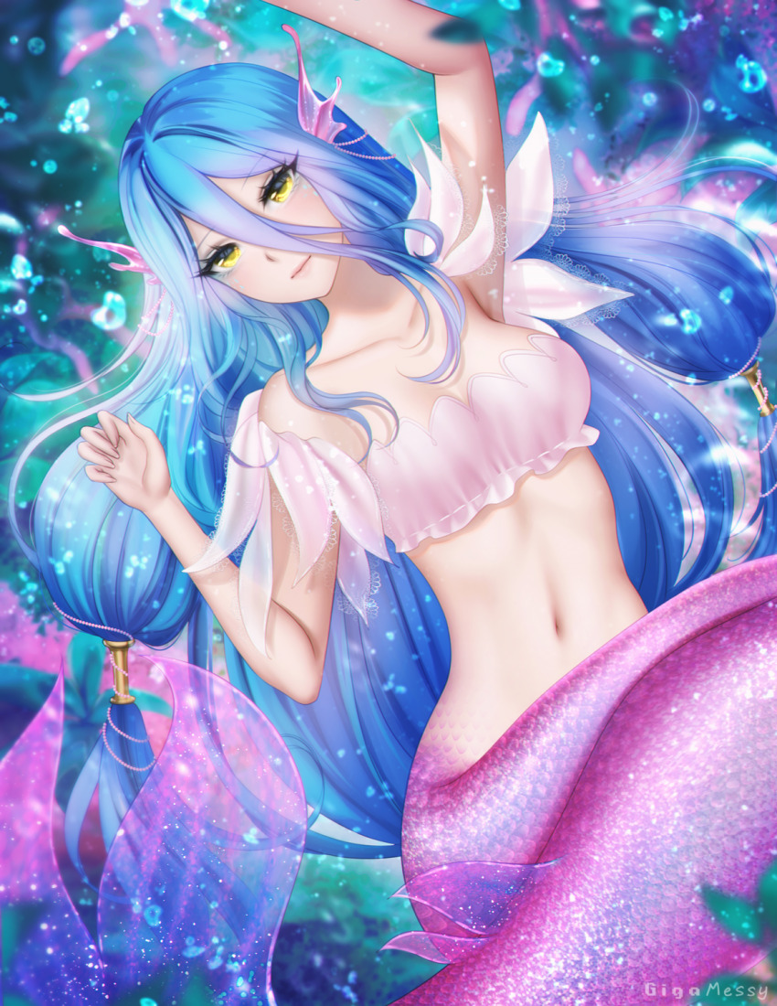 1girl azura_(fire_emblem) blue_hair breasts cleavage closed_mouth commentary english_commentary fins fire_emblem fire_emblem_fates gigamessy hair_between_eyes head_fins highres long_hair looking_at_viewer medium_breasts mermaid monster_girl monsterification navel nintendo pink_scales pink_tail scales smile solo stomach very_long_hair yellow_eyes