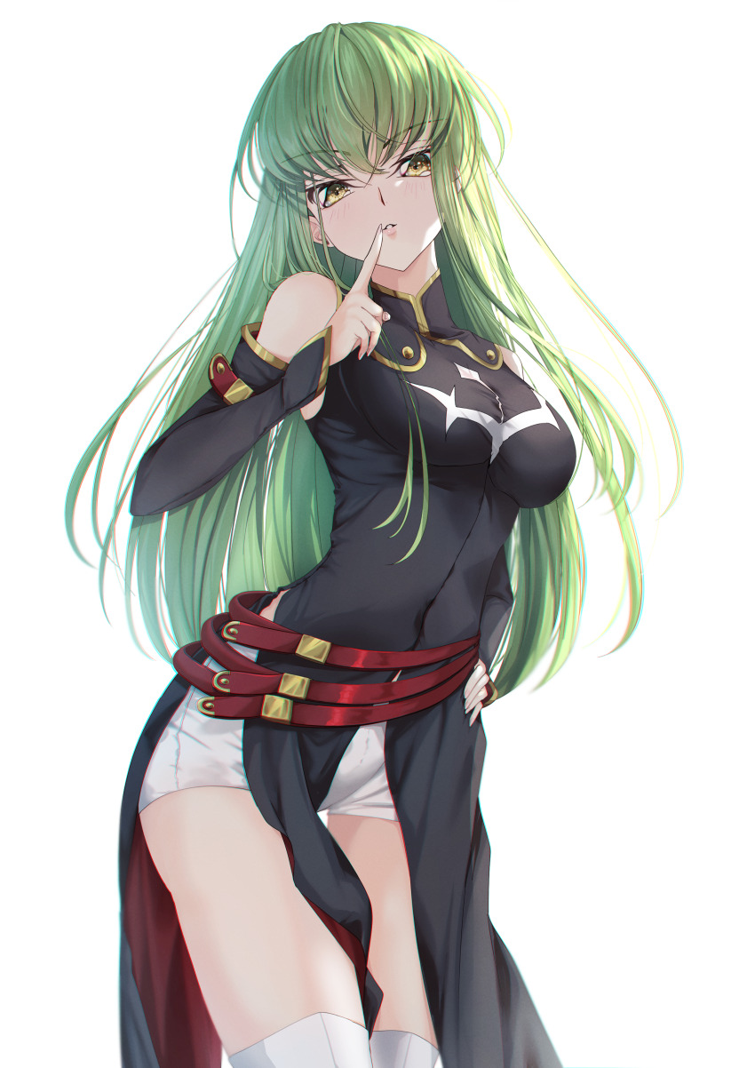 1girl absurdres belt black_dress boots breasts budgiepon c.c. code_geass commentary_request detached_sleeves dress finger_to_mouth gold_trim green_hair highres index_finger_raised long_hair looking_at_viewer medium_breasts multiple_belts red_belt short_shorts shorts shushing simple_background solo thigh_boots very_long_hair white_background white_shorts yellow_eyes