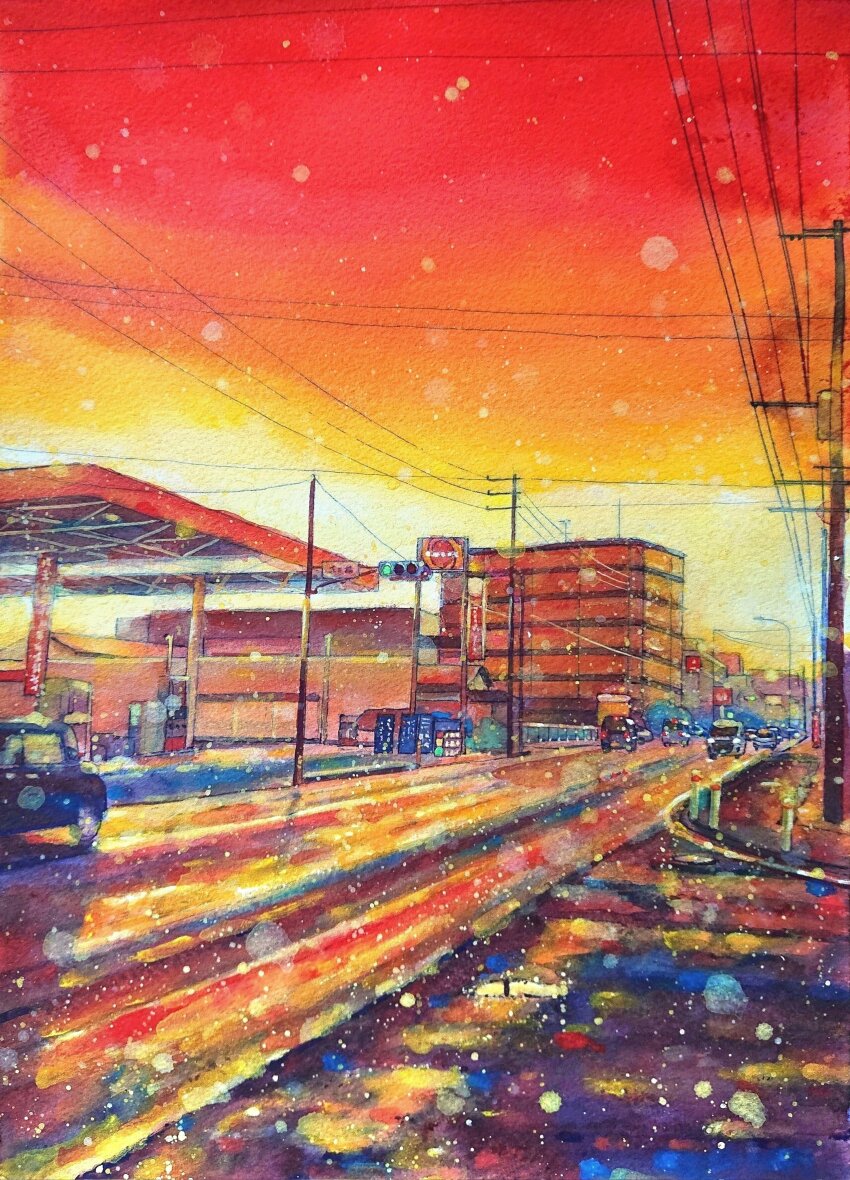 absurdres acrylic_paint_(medium) apartment building car gas_station highres jobanni landscape motor_vehicle orange_sky orange_theme original painting_(medium) power_lines road sky town traditional_media utility_pole
