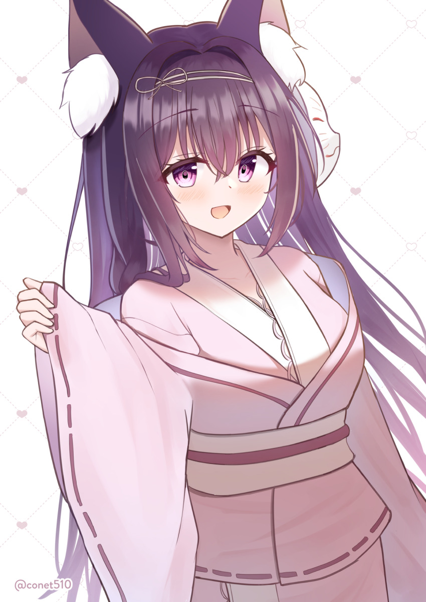 1girl animal_ear_fluff animal_ears arashio_(azur_lane) arashio_(the_gentlest_firework)_(azur_lane) artist_name azur_lane breasts cat_ears cat_girl collarbone commentary_request conet510 fox_mask highres japanese_clothes kimono large_breasts long_hair looking_at_viewer mask mask_on_head official_alternate_costume open_mouth purple_eyes purple_hair simple_background smile upper_body white_background white_kimono wide_sleeves yukata