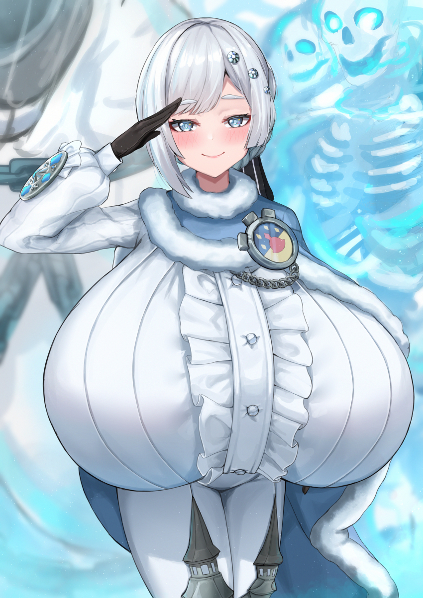 1girl absurdres akershus_fortress_(oshiro_project) badge black_gloves blue_cape blue_cloak blue_eyes bodysuit braid breasts cape center_frills cloak commission frills fur-trimmed_cape fur-trimmed_cloak fur_trim gigantic_breasts gloves grey_hair highres impossible_bodysuit impossible_clothes irorong looking_at_viewer oshiro_project:re padded_cloak pants pixiv_commission salute skeleton smile solo tight_clothes tight_pants white_bodysuit