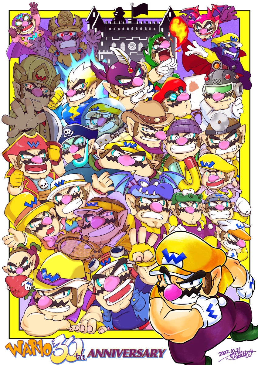 &gt;_&lt; 1boy absurdres animal_costume anniversary arm_up arms_up arty_wario baby_wario bandana beanie beret bicorne black_eyes blue_bodysuit blue_eyes blue_jacket blue_shirt blue_skin bodysuit border bow bowtie breath_weapon breathing_fire brown_hair brown_headwear bull_wario buttons canvas_(object) cape captain_wario_(game_&amp;_wario) captain_wario_(wario:_master_of_disguise) castle character_name cleft_chin clenched_hand clenched_teeth closed_mouth coat collared_cape collared_shirt colored_skin colored_tongue commentary_request cosmic_wario cowboy_hat dated demon_costume demon_horns demon_wings denim denim_jacket diving_mask dr._baby_wario dr._mario_(game) dr._mario_world dr._wario dragon_costume dragon_hat dragon_wario_(wario:_master_of_disguise) dragon_wario_(wario_land) easel electricity facial_hair fake_horns fangs fat fat_man fedora fingerless_gloves fire flag flat_wario flying food fruit genius_wario glasses gloves glowing glowing_eyes goggles goggles_on_headwear green-framed_eyewear green_footwear grin hands_up hat head_mirror helmet highres holding holding_food holding_racket holding_sword holding_weapon horned_helmet horns jacket jet_wario king_dragon_wario lab_coat lapels long_sleeves looking_at_viewer magnet mario_(series) mario_golf mario_kart mario_kart_tour mario_tennis mario_tennis_aces mask multiple_views mustache necktie nintendo official_alternate_costume omu_(sinsindan) open_clothes open_jacket open_mouth outside_border outstretched_arm outstretched_arms overalls pants parted_lips pink_bodysuit pirate_hat pocket pointy_ears pot_on_head purple_bandana purple_cape purple_gloves purple_overalls purple_pants purple_tongue racket red_eyes red_headwear red_horns red_jacket red_wings shirt shoes short_hair short_sleeves signature silhouette skull_print sleeveless sleeveless_jacket smile snorkel space_helmet sparky_wario spiked_hair spiked_wings spread_arms strawberry super_mario_land_2 superhero_costume sweatdrop sword teeth tennis_racket tiny_wario tongue top_hat v-shaped_eyebrows vampire vampire_wario virtual_boy_wario_land visor_cap wario wario-man wario_(cowboy) wario_(hiker) wario_(tennis_aces) wario_bug wario_deluxe wario_land wario_land_3 wario_land_4 wario_land_ii wario_master_of_disguise warioware weapon white_border white_coat white_headwear wicked_wario wings yellow_bow yellow_bowtie yellow_gloves yellow_headwear yellow_jacket yellow_necktie yellow_shirt