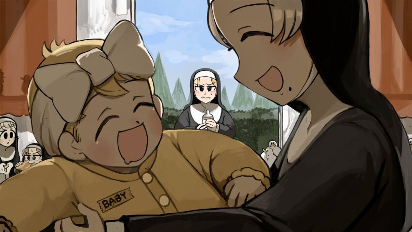 5girls :d aged_down baby baby_bottle bird black_eyes blonde_hair blue_eyes bottle brown_eyes brown_hair bunny_nun_(diva) burger chicken clumsy_nun_(diva) commentary diva_(hyxpk) drooling duck english_commentary food grey_hair habit highres hungry_nun_(diva) little_nuns_(diva) mole mole_on_cheek mole_under_mouth mouth_drool multiple_girls nun open_mouth short_hair slice_of_life smile smug_nun_(diva) strict_nun_(diva) traditional_nun
