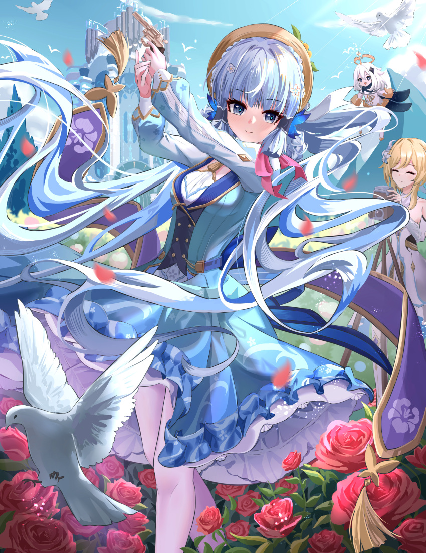 3girls ^_^ absurdres aichinaigai arms_up ayaka_(genshin_impact) bird black_cape blonde_hair blue_dress blue_eyes blue_hair breasts camera cape closed_eyes closed_mouth commentary_request day dress floating flower genshin_impact gun hair_ornament halo highres holding holding_gun holding_weapon kamisato_ayaka kamisato_ayaka_(springbloom_missive) long_hair long_sleeves looking_to_the_side lumine_(genshin_impact) medium_breasts multiple_girls official_alternate_costume outdoors paimon_(genshin_impact) pantyhose red_flower rose short_hair_with_long_locks simple_background smile solo_focus standing star_(symbol) star_hair_ornament triquetra very_long_hair weapon white_bird white_pantyhose white_romper