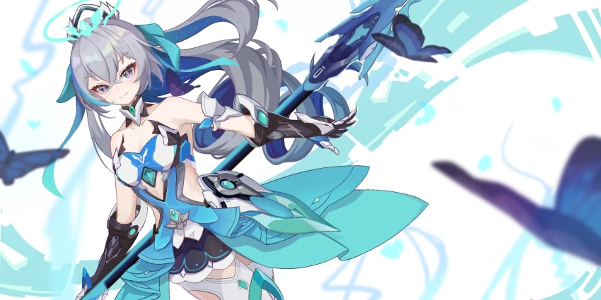 1girl armor armored_dress bare_shoulders blue_dress breasts bronya_zaychik bronya_zaychik_(herrscher_of_truth) bug butterfly chinese_commentary cleavage commentary_request dress drill_hair gloves grey_eyes grey_hair halo highres holding holding_polearm holding_weapon honkai_(series) honkai_impact_3rd insect long_hair polearm siro_jun small_breasts smile solo thighhighs very_long_hair weapon white_background white_gloves white_thighhighs