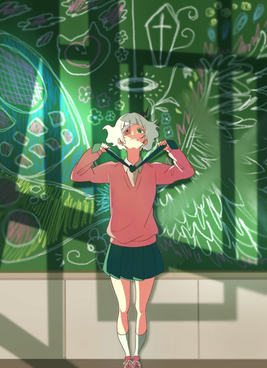 1girl angel_wings bandaged_head bandages black_horns blonde_hair blunt_bangs cellphone chalk chalkboard classroom clenched_teeth collared_shirt eyepatch from_above green_eyes green_neckerchief green_skirt highres holding_neckerchief horns implied_strangling kneehighs long_sleeves neckerchief phone phone_eyepatch pink_shoes pink_sweater pleated_skirt puffy_sleeves ruru_(shinsei_kamattechan) school shinsei_kamattechan shirt shoes short_hair single_horn skirt sneakers socks solo sweater teeth white_shirt white_socks wide-eyed wings yu_(mmuucc)