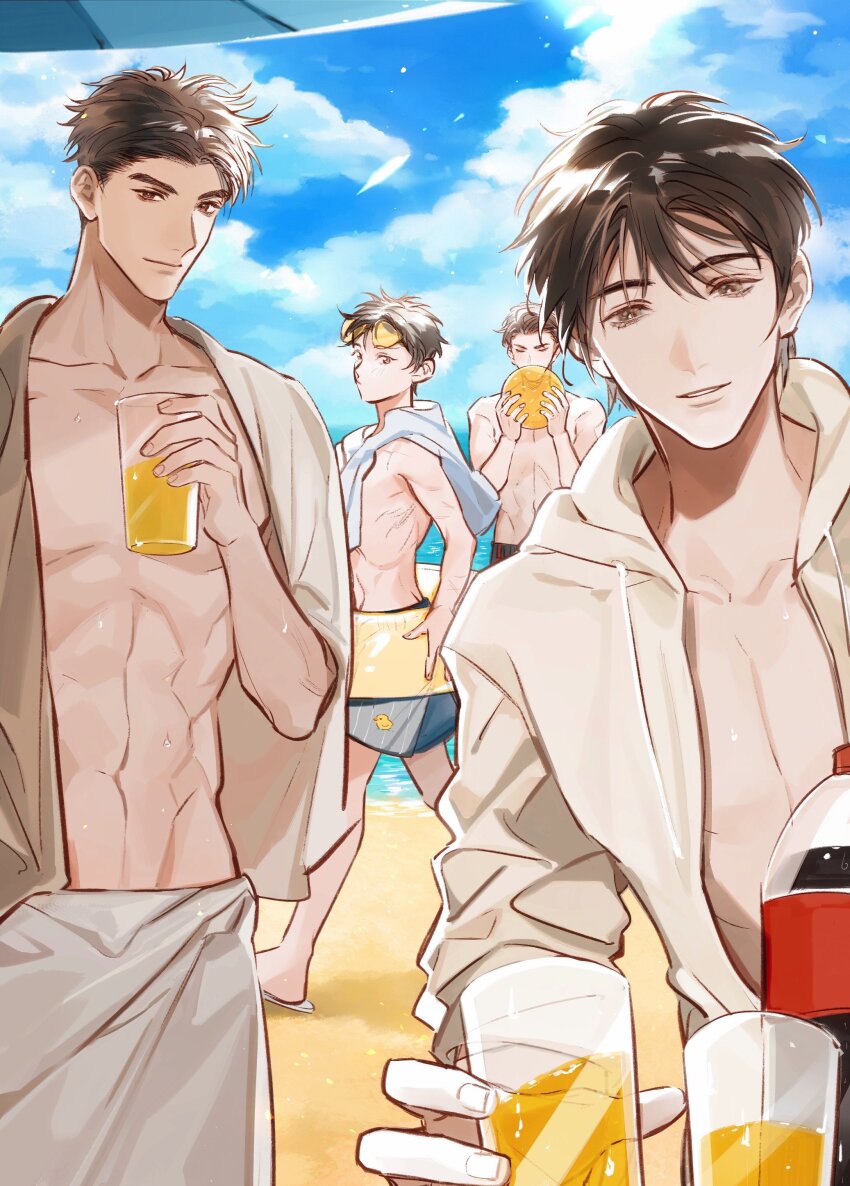 4boys abs absurdres alcohol ball beach beach_umbrella beachball black_male_swimwear blue_male_swimwear blue_sky blue_umbrella brown_eyes brown_hair character_request chinese_commentary closed_eyes closed_mouth cloud collarbone commentary_request cowboy_shot day drink eyelashes eyewear_on_head fingernails ggskj5 glass grey_male_swimwear highres holding holding_ball holding_drink holding_swim_ring innertube light_particles lips looking_at_viewer male_focus male_swimwear multiple_boys ocean outdoors parted_lips pectorals short_hair sky smile sunglasses swim_ring swim_trunks thick_eyebrows tinted_eyewear topless_male towel towel_around_neck tun_hai umbrella upper_body walking yellow-tinted_eyewear yellow_innertube