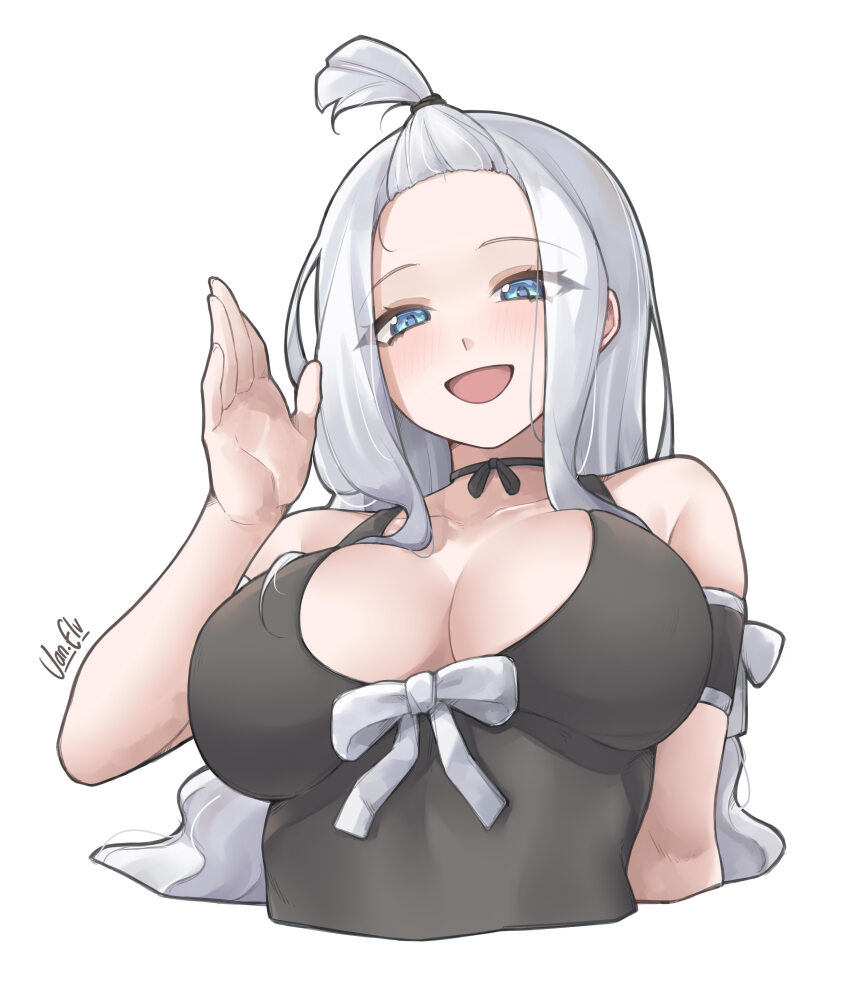 1girl absurdres arm_up armlet artist_name bare_shoulders black_armlet black_one-piece_swimsuit blue_eyes blush bow breasts cleavage commentary elvera fairy_tail hair_ornament hair_scrunchie highres jewelry large_breasts long_hair long_sidelocks looking_at_viewer mirajane_strauss one-piece_swimsuit open_mouth scrunchie sidelocks simple_background solo swimsuit upper_body white_background white_bow white_hair