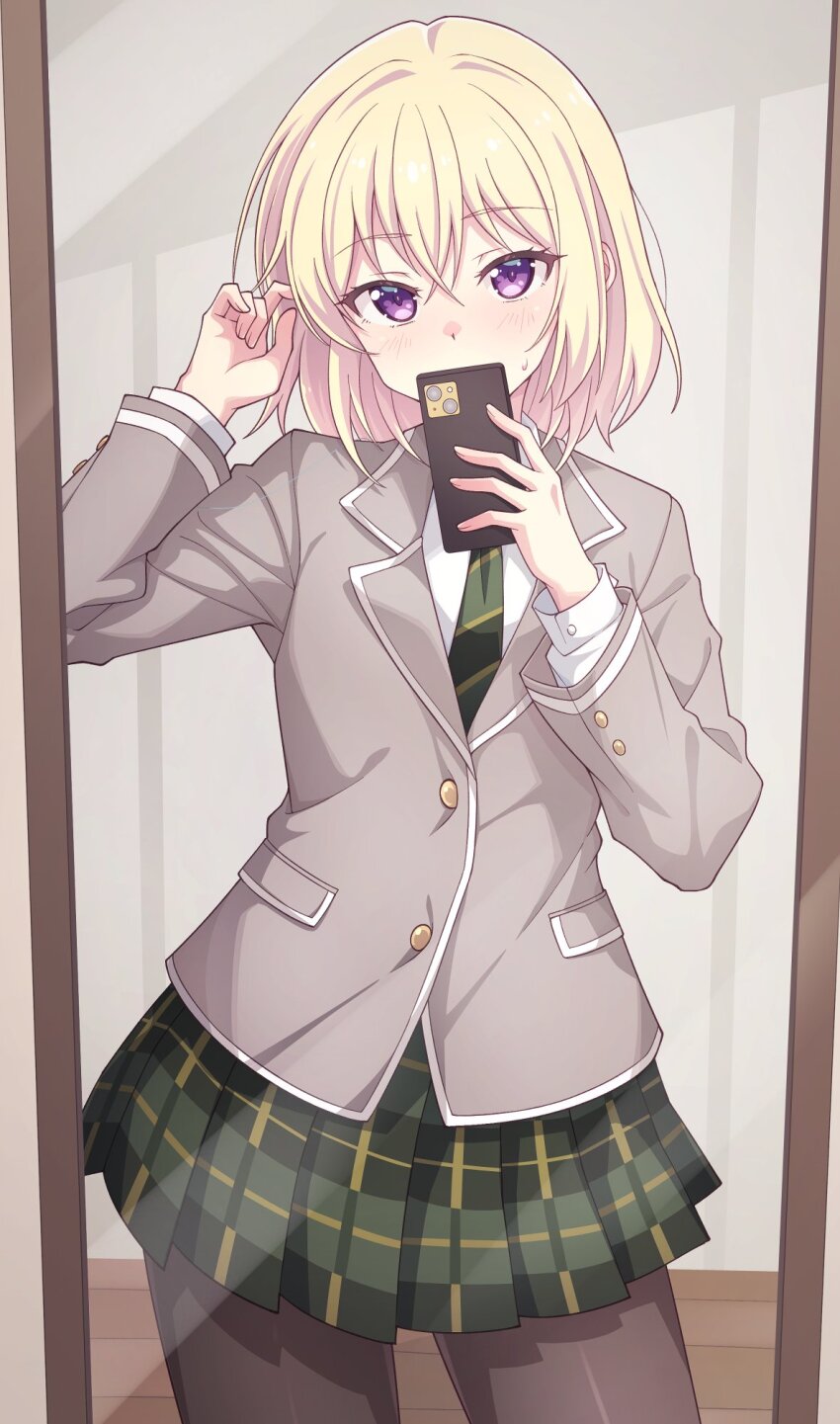 1girl bang_dream! bang_dream!_it&#039;s_mygo!!!!! black_pantyhose blonde_hair blush borrowed_clothes cellphone commentary e20 green_skirt grey_jacket hair_between_eyes hand_up haneoka_school_uniform highres holding holding_phone jacket long_sleeves medium_hair misumi_uika pantyhose phone plaid_clothes plaid_skirt pleated_skirt purple_eyes school_uniform selfie shirt skirt smartphone solo sweatdrop white_shirt
