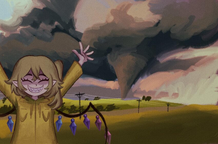 1girl alternate_costume arms_up blonde_hair closed_eyes cloud cloudy_sky crystal drawstring flandre_scarlet flandrepudding happy highres hood hoodie one_side_up pointy_ears power_lines road sharp_teeth short_hair sky smile solo teeth tornado touhou upper_body wings yellow_hoodie