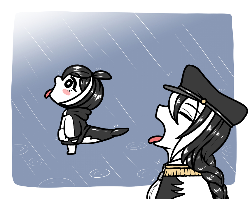 2girls ahoge alcyone_(last_origin) black_hair blush_stickers braid cetacean_tail fins fish_tail goku_and_vegeta_in_the_rain_(meme) gradient_background highres last_origin meme merope_(last_origin) multicolored_hair multiple_girls rain simple_background tail tongue tongue_out two-tone_hair water water_drop waterbear whale_girl white_hair