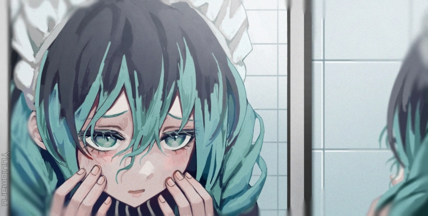 1girl alternate_costume alternate_hair_color alternate_hairstyle aqua_eyes aqua_hair bathroom black_hair blush braid furrowed_brow hair_between_eyes hair_over_shoulder hands_on_own_cheeks hands_on_own_face hands_up hatsune_miku indoors long_hair looking_at_reflection maid maid_headdress mirror multicolored_hair open_mouth reflection saji_no_majinai_(vocaloid) solo tile_wall tiles twin_braids two-tone_hair vocaloid yangie37