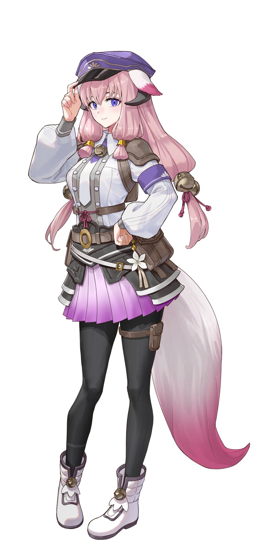 1girl absurdres animal_ears armband artist_request bell belt belt_pouch black_horns black_pantyhose closed_mouth full_body hair_bell hair_ornament hand_on_headwear hand_up hat highres hina_(rune_factory) horns long_hair long_sleeves looking_at_viewer official_art pantyhose peaked_cap pink_hair pleated_skirt pouch puffy_long_sleeves puffy_sleeves purple_armband purple_eyes purple_hat purple_skirt rune_factory rune_factory:_guardians_of_azuma shirt shoes simple_background skirt smile solo standing tail transparent_background white_background white_shirt white_shoes