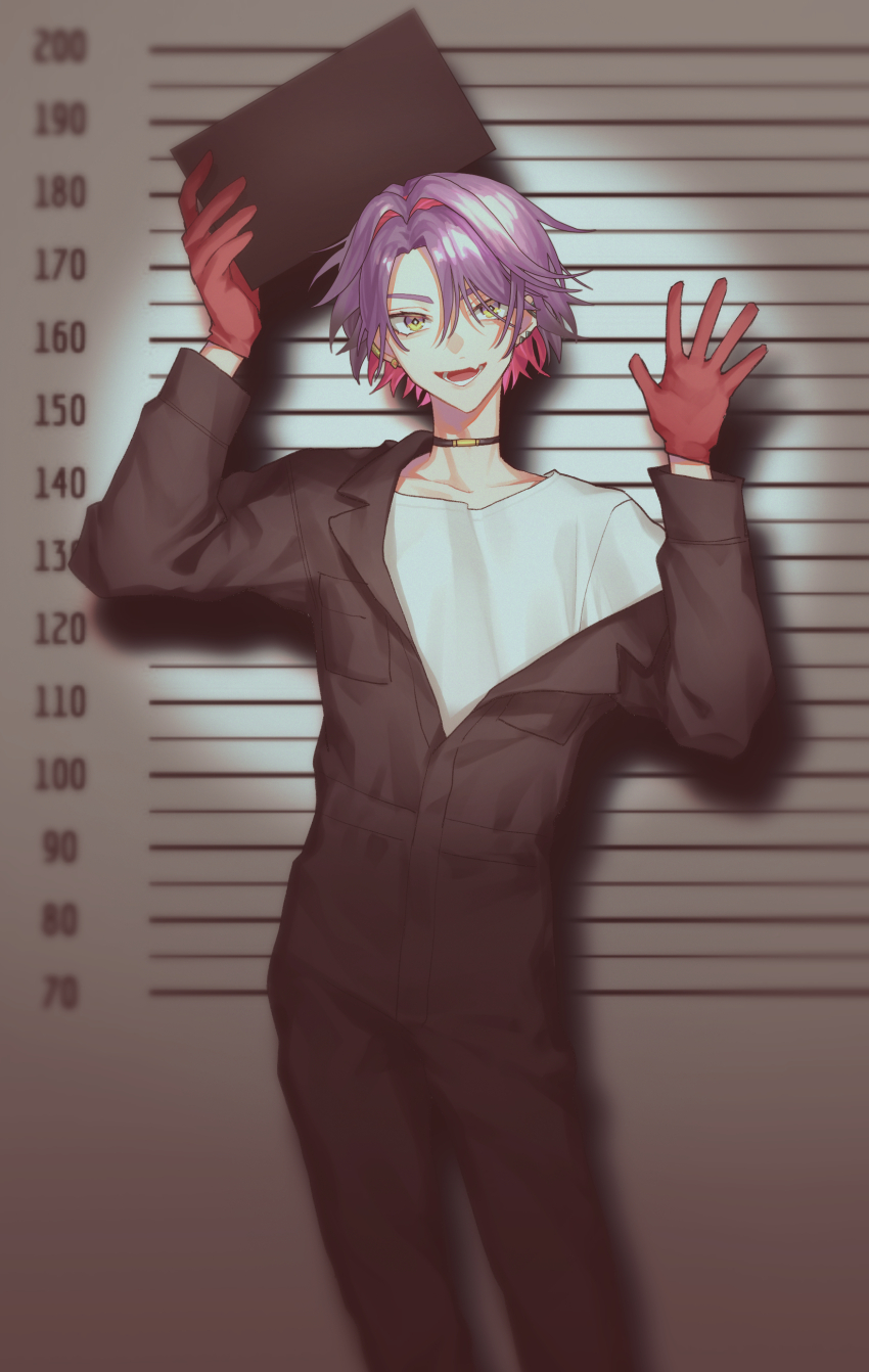 1boy absurdres black_choker black_jumpsuit breast_pocket choker collarbone colored_inner_hair commentary_request earclip earrings fang gloves hair_between_eyes hair_intakes hakobune_noark hands_up height_chart height_mark highres holding holding_sign jewelry jumpsuit long_sleeves looking_at_viewer lower_teeth_only male_focus mismatched_earrings mugshot multicolored_eyes multicolored_hair nijisanji off_shoulder open_clothes open_jumpsuit open_mouth parted_bangs pink_hair pocket purple_eyes purple_hair red_gloves shirt short_hair sign skin_fang smile solo spotlight standing teeth two-tone_hair v-shaped_eyebrows virtual_youtuber watarai_hibari white_shirt yellow_eyes