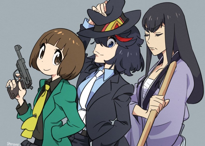 3girls arsene_lupin_iii_(cosplay) black_shirt blouse blue_eyes blue_shirt brown_eyes brown_hair cosplay eyebrows closed_eyes gun hat holding holding_weapon ishikawa_goemon_xiii_(cosplay) jigen_daisuke_(cosplay) kill_la_kill kiryuuin_satsuki lupin_iii mankanshoku_mako matoi_ryuuko multiple_girls senketsu shirt smile weapon