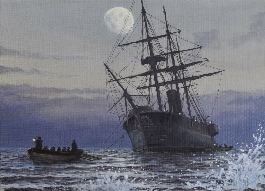 absurdres acrylic_paint_(medium) atelier_bono boat cannon full_moon highres historical_event hms_iron_duke_(ironclad) ironclad mast military_vehicle moon night ocean original painting_(medium) ship ship_turret sky smokestack traditional_media warship watercraft waves