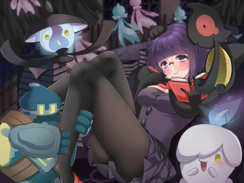 1girl black_gloves black_pantyhose blunt_bangs bob_cut book book_stack breasts commentary_request dress feet_out_of_frame frillish frillish_(female) frillish_(male) gen_5_pokemon glasses gloves golett highres holding holding_book lampent litwick medium_breasts nintendo pantyhose pen pokemon pokemon_(creature) pokemon_bw purple_dress purple_eyes purple_hair red_footwear round_eyewear shauntal_(pokemon) short_hair smile tajimamo thighs yamask