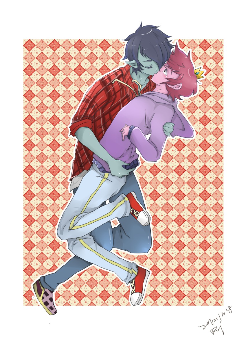 2boys adventure_time cartoon_network colored_skin crown gender_request genderswap grey_skin highres kiss male_focus marshall_lee multiple_boys pink_skin prince_bubba_gumball prince_gumball red_footwear shoes surprised vampire yaoi