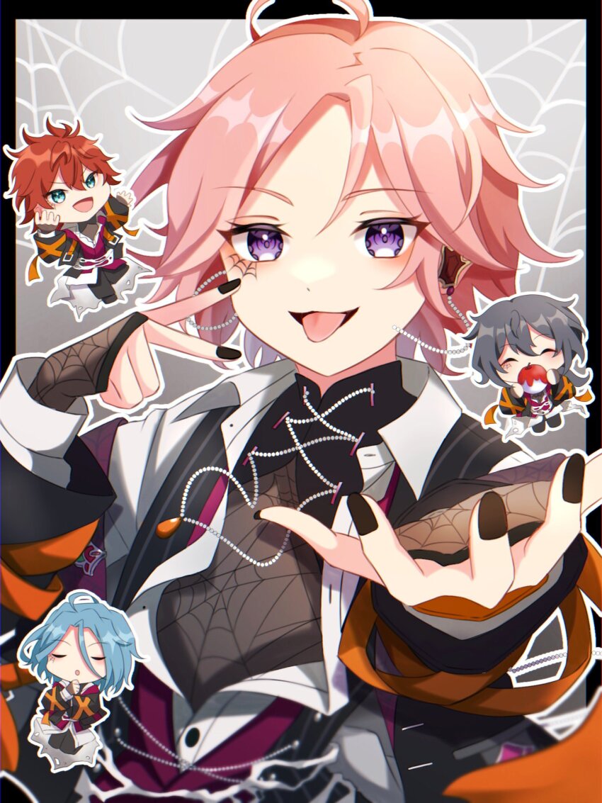 4boys ahoge amagi_rinne black_border border chibi crazy_b_(ensemble_stars!) ensemble_stars! fenganss green_eyes grey_background grey_hair highres himeru_(ensemble_stars!) low_ponytail multicolored_background multiple_boys official_alternate_costume oukawa_kohaku pink_hair ponytail purple_eyes red_hair shiina_niki tongue tongue_out white_background