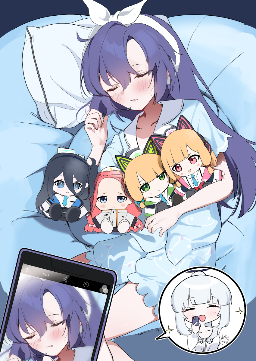 2girls :d ^_^ absurdres animal_ear_headphones animal_ears animal_print aris_(blue_archive) blonde_hair blue_archive blue_eyes blue_necktie blue_pajamas blue_shirt blue_shorts blunt_bangs blush blush_stickers bow cat_ear_headphones cat_ears cat_print cellphone character_doll closed_eyes closed_mouth collared_shirt commentary doll facing_viewer fake_animal_ears female_pov frown fumo_(doll) game_development_department_(blue_archive) hair_between_eyes hair_bow hair_down hairband head_on_pillow headphones highres holding holding_phone hugging_doll hugging_object indoors looking_at_viewer lying midori_(blue_archive) mochini momoi_(blue_archive) multiple_girls necktie noa_(blue_archive) noa_(pajamas)_(blue_archive) official_alternate_costume official_alternate_hairstyle on_back on_bed open_mouth pajamas phone pillow ponytail pov pov_hands print_pajamas purple_hair red_hair ringed_eyes school_uniform shirt short_sleeves shorts sleeping smartphone smile smug solo_focus sparkle speech_bubble spoken_character stuffed_toy taking_picture white_bow white_hair white_hairband white_shirt yuuka_(blue_archive) yuuka_(pajamas)_(blue_archive) yuzu_(blue_archive)