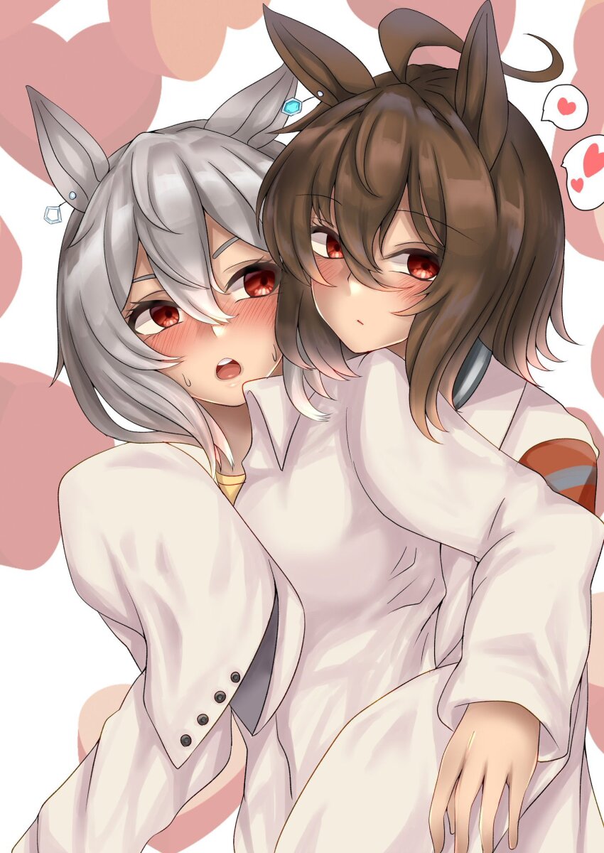 2girls agnes_tachyon_(umamusume) ahoge animal_ears blush brown_hair collared_shirt commentary_request earrings female_trainer_(umamusume) grey_hair hair_between_eyes highres hisagi_(hisagi00) horse_ears horse_girl hug hug_from_behind jewelry long_bangs looking_at_viewer multiple_girls open_mouth red_eyes shirt short_hair sleeves_past_fingers sleeves_past_wrists smile trainer_(umamusume) umamusume upper_body white_shirt