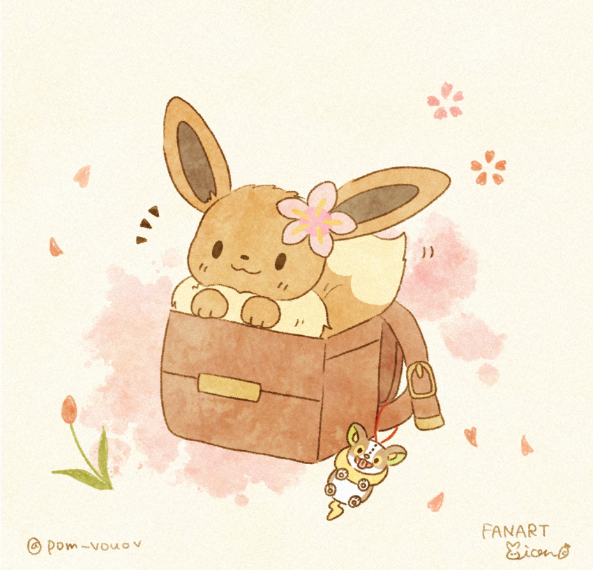 1girl :3 animal animal_focus artist_name backpack bag belt charm_(object) closed_mouth commentary_request eevee flower game_freak gen_1_pokemon gen_8_pokemon hair_flower hair_ornament happy highres mian_(user_kwcj2833) nintendo no_humans petals pokemon pokemon_(creature) signature solo yamper