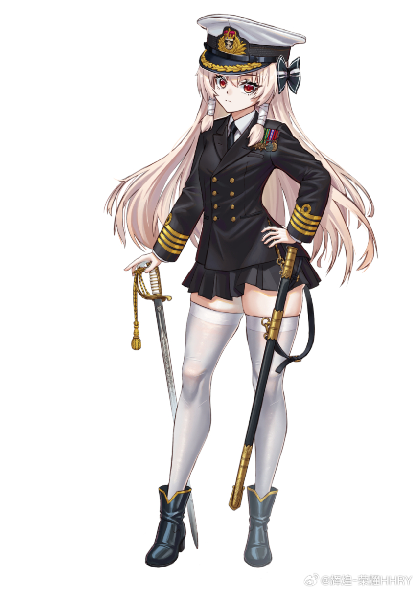 1girl alternate_costume black_skirt blonde_hair boots chaser_(warship_girls_r) full_body hand_on_own_hip hat highres holding holding_sword holding_weapon huihuang_rongyao long_hair looking_at_viewer military military_hat military_uniform peaked_cap red_eyes saber_(weapon) skirt solo sword thighhighs warship_girls_r watermark weapon weibo_watermark white_background white_thighhighs zettai_ryouiki