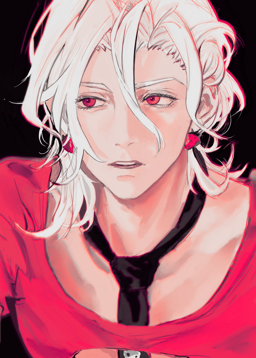 1boy absurdres albino black_background earrings food-themed_earrings food_themed_earrings highres jewelry jiuming_mao jojo_no_kimyou_na_bouken male_focus necktie nostrils pale_skin pannacotta_fugo red_eyes strawberry_earrings teeth vento_aureo white_hair