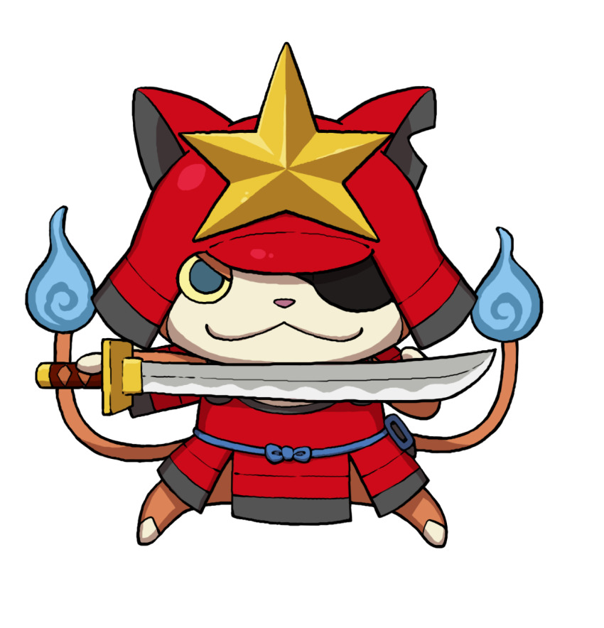 armor blue_fire cat fire flame-tipped_tail highres hitodama holding holding_sword holding_weapon japanese_armor katana looking_at_viewer multiple_tails no_humans notched_ear official_art simple_background solo star_(symbol) sword tail the_last_nyanmurai third-party_source transparent_background two_tails weapon youkai_(youkai_watch) youkai_watch youkai_watch_3