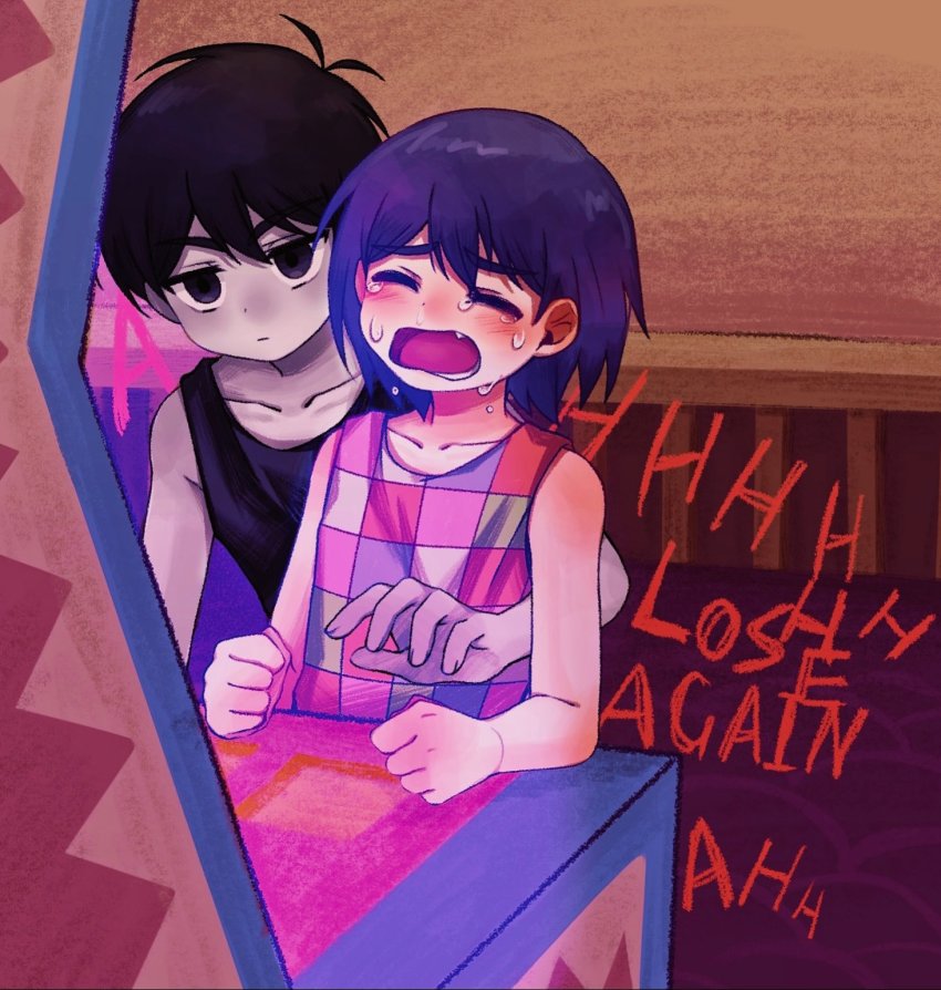 2boys arcade_cabinet black_eyes black_hair closed_eyes closed_mouth collarbone colored_skin crying english_text expressionless fang highres indoors kel_(headspace)_(omori) kel_(omori) linglanjunying multiple_boys omori omori_(omori) open_mouth purple_hair short_hair tank_top white_skin