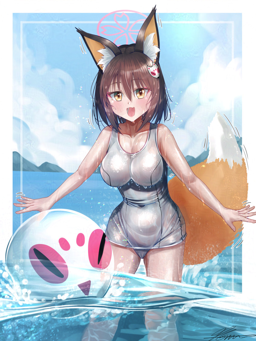 1girl alternate_costume animal_ear_fluff animal_ears ball bare_arms beachball blue_archive blush breasts brown_hair covered_navel fox_ears fox_girl fox_tail hair_between_eyes highres izuna_(blue_archive) large_breasts long_hair looking_at_viewer ocean one-piece_swimsuit open_mouth partially_submerged sidelocks solharuu solo swimsuit tail wet white_one-piece_swimsuit yellow_eyes